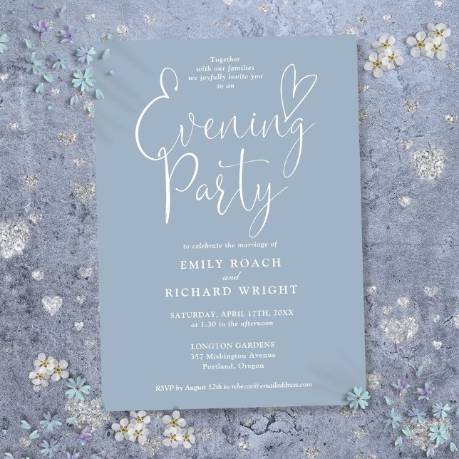 Invitación Noche de fiesta de boda con elegante letra azul (Elegant Script Dusty Blue Wedding Evening Party Invitation)