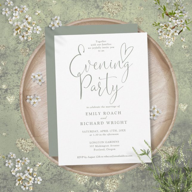 Invitación Noche de Fiesta de Boda con Letra Elegante Verde (Elegant Script Sage Green Wedding Evening Party Invitation)