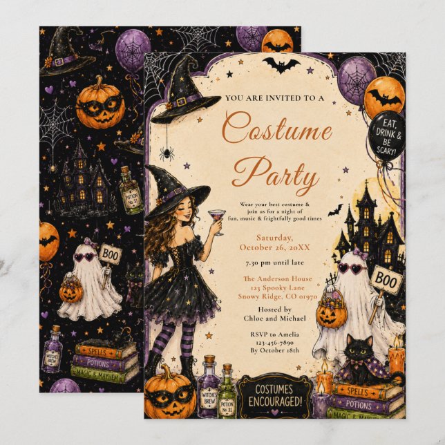 Invitación Noche de fiesta de disfraces de Halloween (Anverso / Reverso)