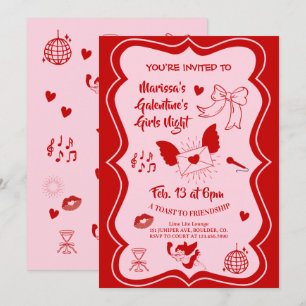 Invitación Noche de fiesta de Galentine's rosa rojo dibujado