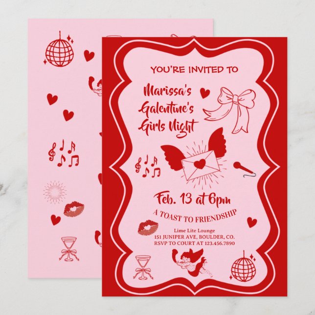 Invitación Noche de fiesta de Galentine's rosa rojo dibujado  (Anverso / Reverso)