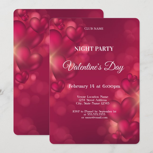 Invitación Noche de fiesta de San Valentín de corazones rojos (Anverso / Reverso)