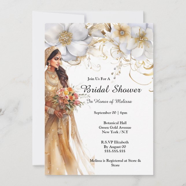 Invitación Noche de flores doradas blancas de la India novia  (Anverso)