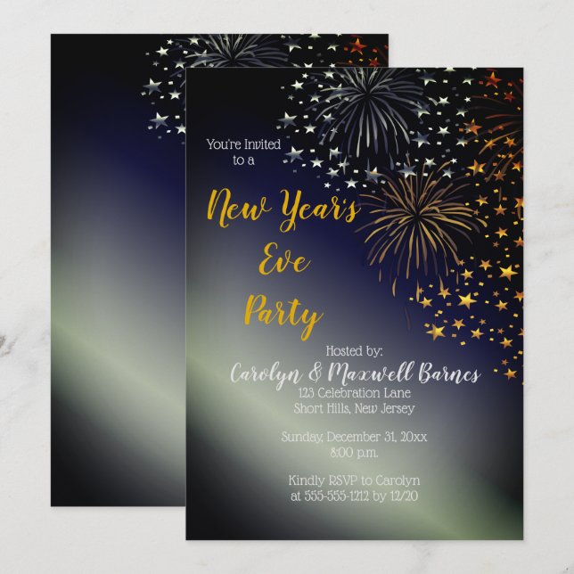 Invitación Noche de fuegos artificiales y estrellas Fiesta de (Anverso / Reverso)
