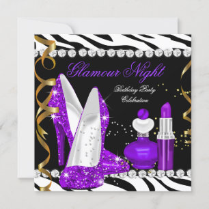 Invitación Noche de glamour brillo Purpura Dorado Negro Cebra