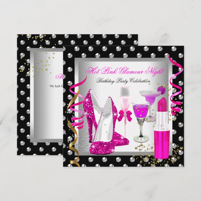 Invitación Noche de glamour con brillo rosa plata cumpleaños (Anverso / Reverso)