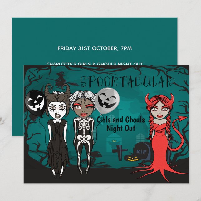 Invitación Noche De Halloween Con Chicas Y Escenas De Hombres (Anverso / Reverso)