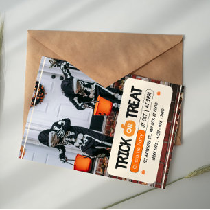 Invitación Noche de Halloween de Truco o Trato Naranja, Negro
