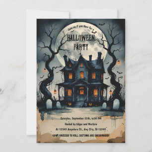 Invitación Noche de Halloween embrujada, luna llena, miedo