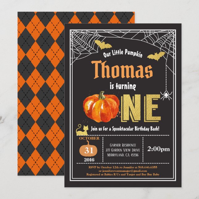 Invitación Noche de Halloween primera fiesta de cumpleaños Or (Anverso / Reverso)