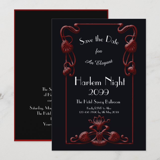 Invitación Noche de HARLEM, Negro, Rojo, Blanco, Floral, Art  (Anverso / Reverso)