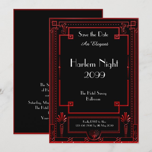 Invitación Noche de HARLEM, negro, ROJO, blanco, geométrico, (Anverso / Reverso)