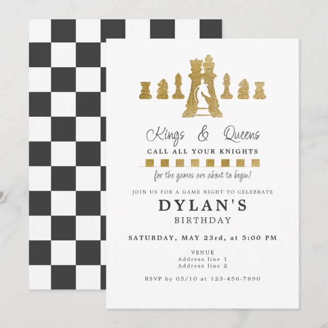 Invitación Noche de juego de ajedrez Cumpleaños Llamen a sus  (Anverso / Reverso)