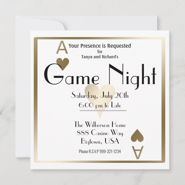 Invitación Noche de Juegos As de Corazones Dorado (Anverso)