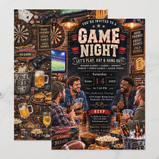 Invitación Noche de Juegos Divertida (Anverso / Reverso)