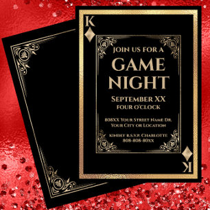 Invitación Noche de Juegos Rey de Diamantes Negro y Dorado