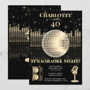 Invitación Noche de Karaoke Black Gold 40 Cumpleaños Disco