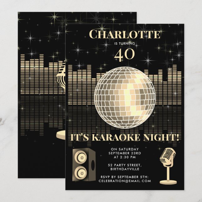 Invitación Noche de Karaoke Black Gold 40 Cumpleaños Disco (Anverso / Reverso)