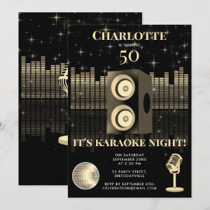 Invitación Noche de Karaoke Black Gold 50 Cumpleaños Disco