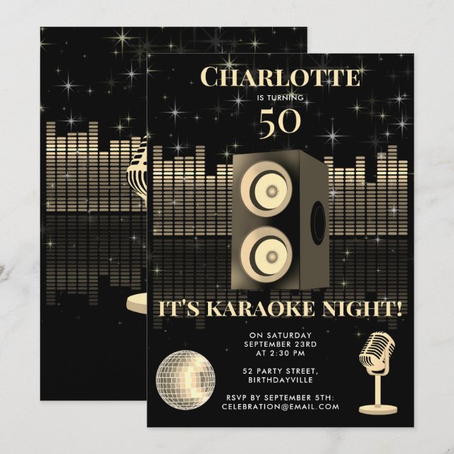 Invitación Noche de Karaoke Black Gold 50 Cumpleaños Disco (Anverso / Reverso)