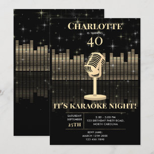 Invitación Noche de Karaoke Oro Negro Fiesta de Cumpleaños Ca