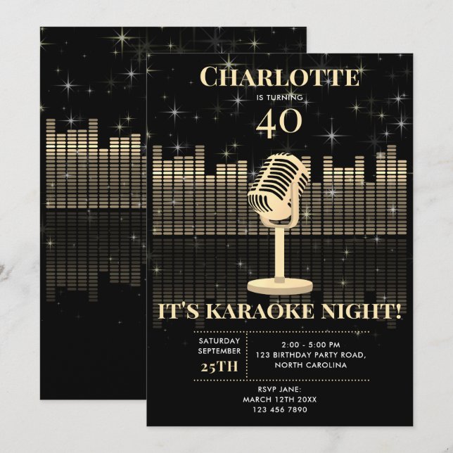 Invitación Noche de Karaoke Oro Negro Fiesta de Cumpleaños Ca (Anverso / Reverso)