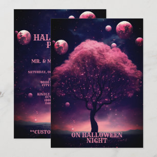 Invitación Noche de la Luna Roja del Árbol Rosa de Halloween