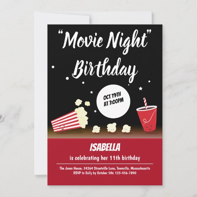 Invitación Noche de la película Cumpleaños Bebida de palomita (Anverso)