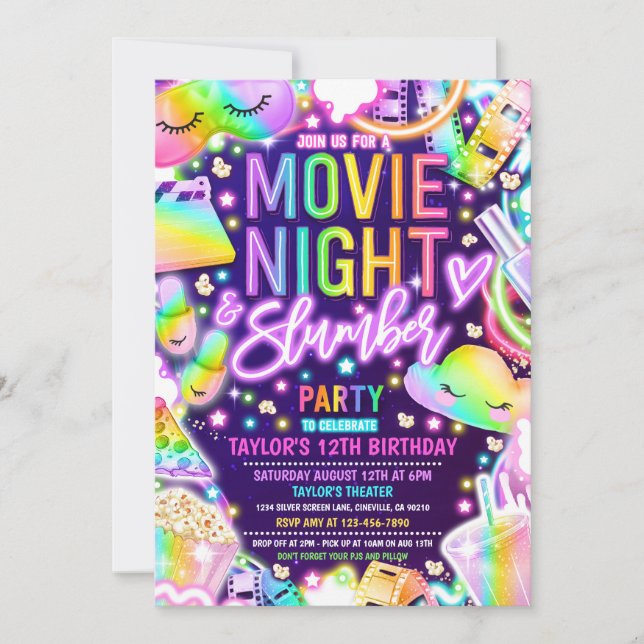 Invitación Noche de la película Fiesta de madera Neon Rainbow (Anverso)