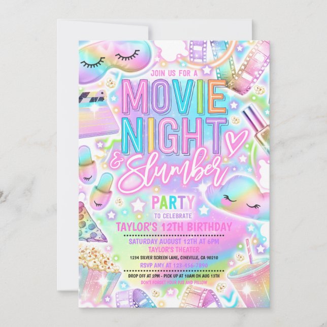 Invitación Noche de la película Fiesta del sueño Pastel Rainb (Anverso)