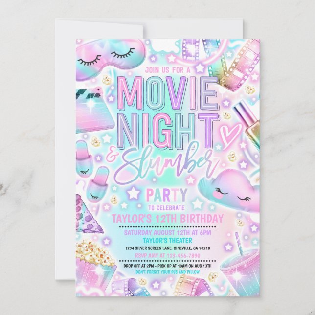 Invitación Noche de la película Fiesta del sueño Pastel Rainb (Anverso)