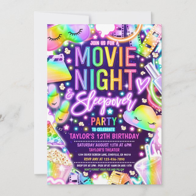Invitación Noche de la película Sleepover Neon Rainbow Birday (Anverso)