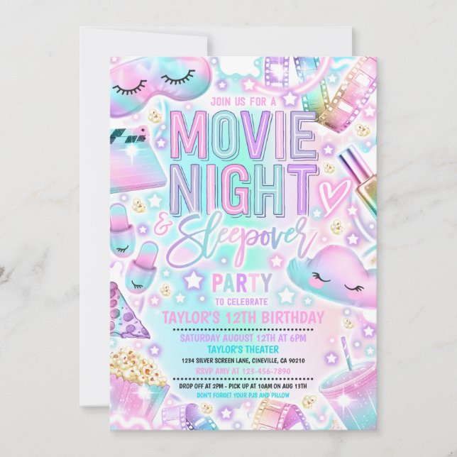 Invitación Noche de la película Sleepover Pastel Rainbow Bird (Anverso)