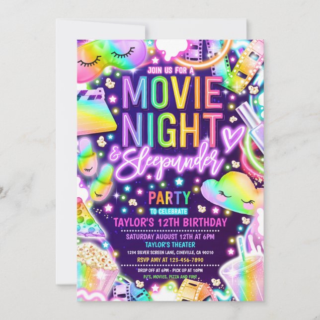Invitación Noche de la película Sleepunder Neon Rainbow Birda (Anverso)