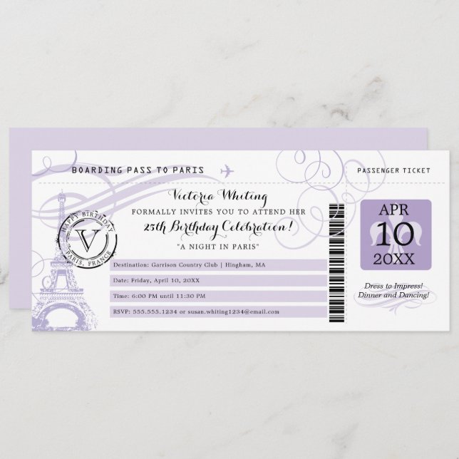 Invitación Noche de la Torre Eiffel Lilac en París Fiesta de  (Anverso / Reverso)