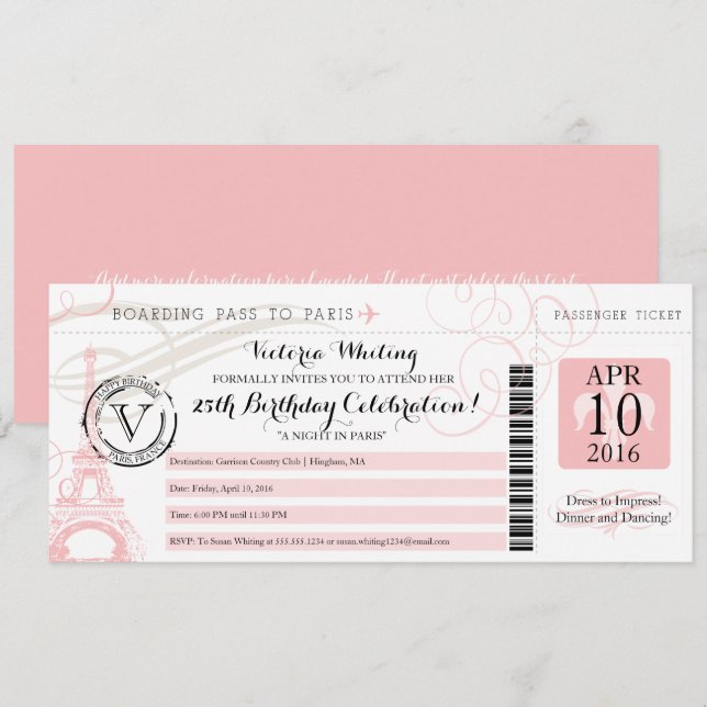 Invitación Noche de la Torre Eiffel Rosada en la fiesta de cu (Anverso / Reverso)