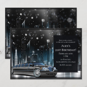 Invitación Noche de Limusina Azul y Negra en la Ciudad Fiesta