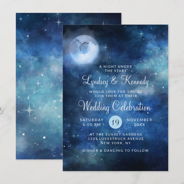 Invitación Noche de luna llena en el cielo lunar bajo el Boda (Anverso / Reverso)