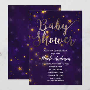 Invitación Noche de Morado y Dorado Bajo las Estrellas: Baby