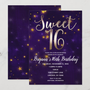 Invitación Noche de Morado y Dorado Bajo las Estrellas Fiesta
