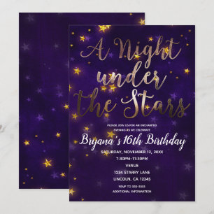 Invitación Noche de Morado y Oro Bajo Las Estrellas Celestial
