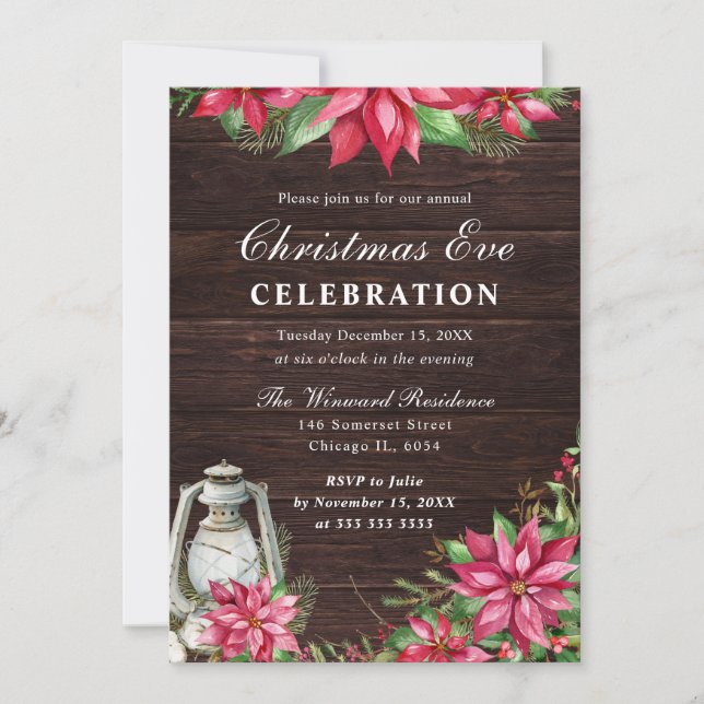 Invitación Noche de Navidades de Invierno Red Poinsettia y La (Anverso)