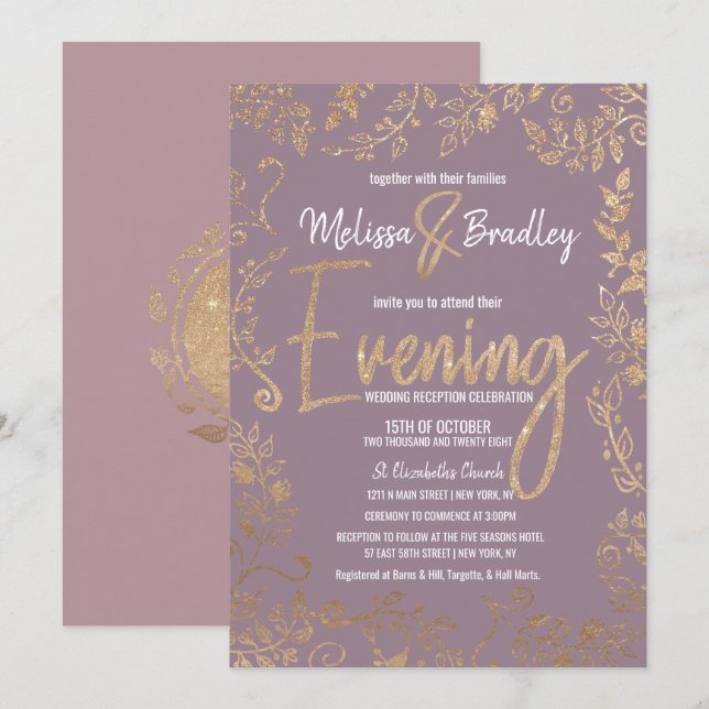 Invitación Noche de Ombre Mauve Lilac Purpurina Floral (Anverso / Reverso)