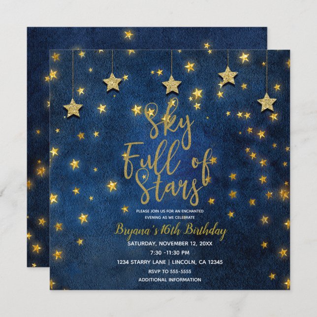 Invitación Noche de oro azul bajo cielo lleno de estrellas ce (Anverso / Reverso)
