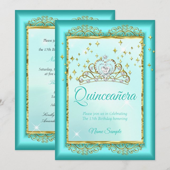 Invitación Noche de oro azul Verde azulado de la Princesa Qui (Anverso / Reverso)