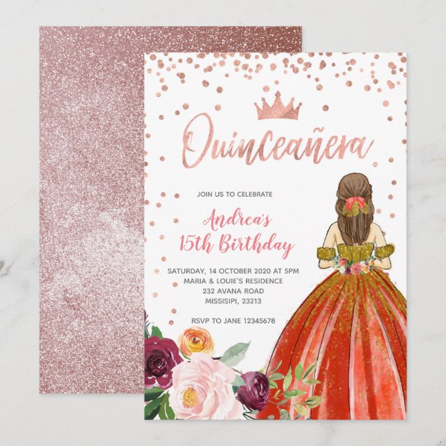 Invitación Noche de oro de la princesa mexicana Quinceañera (Anverso / Reverso)