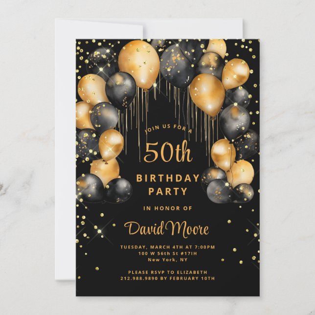 Invitación Noche de oro negro de la fiesta de cumpleaños 50 (Anverso)