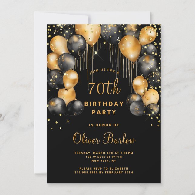 Invitación Noche de oro negro de la fiesta de cumpleaños 70 (Anverso)