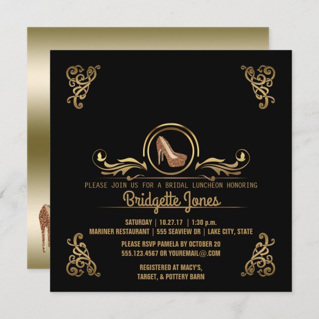 Invitación Noche de oro negro| Ducha nupcial Boda (Anverso / Reverso)