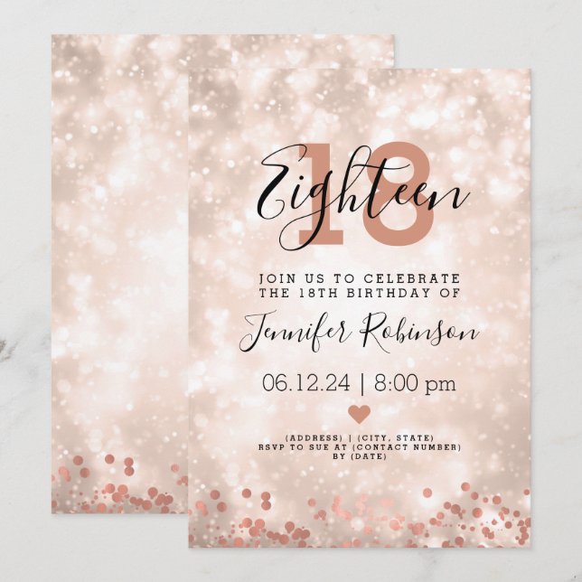 Invitación Noche de oro Rosa de la moderna fiesta de cumpleañ (Anverso / Reverso)